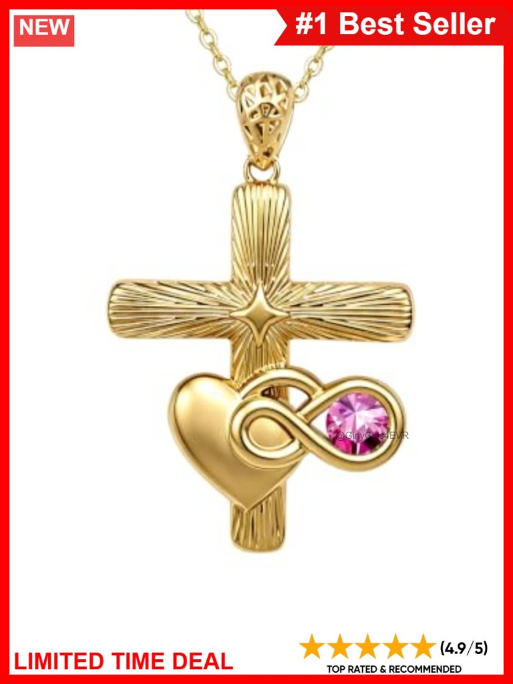 18K Gold Plated Cross Infinity Heart Pendant Necklace Cubic Zirconia